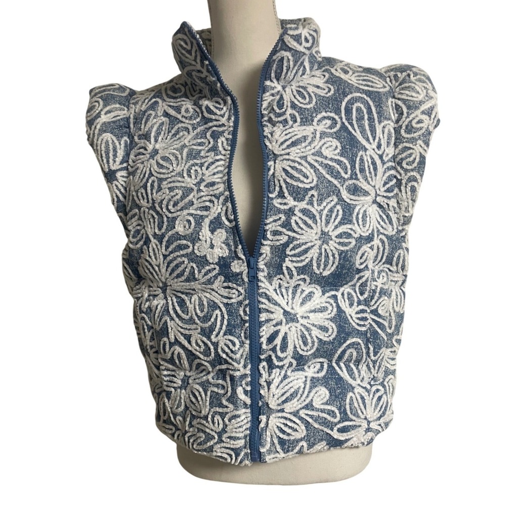 Main Strip Floral Chenille Embroidered Denim Puffer Vest Women's Large